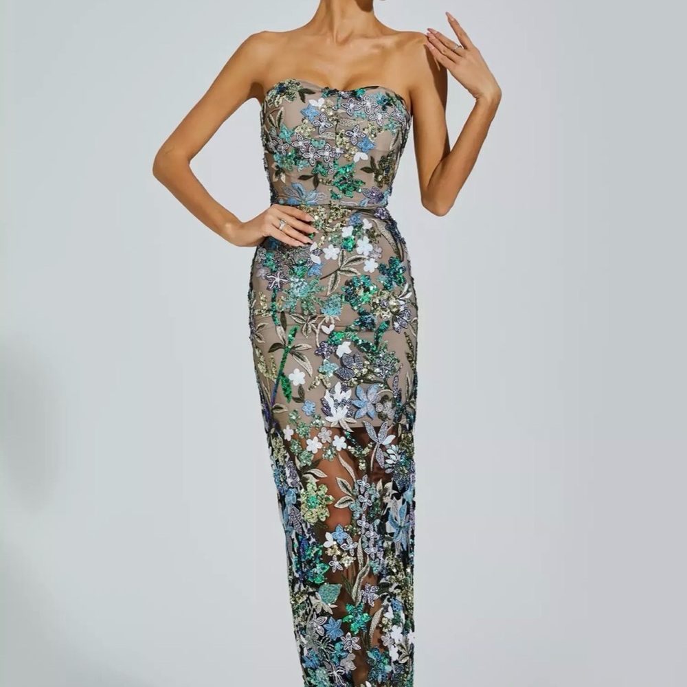 Strapless Floral Appliqué Midi Dress in Blue and Green; Sheer; Prom - Picture 2 of 8